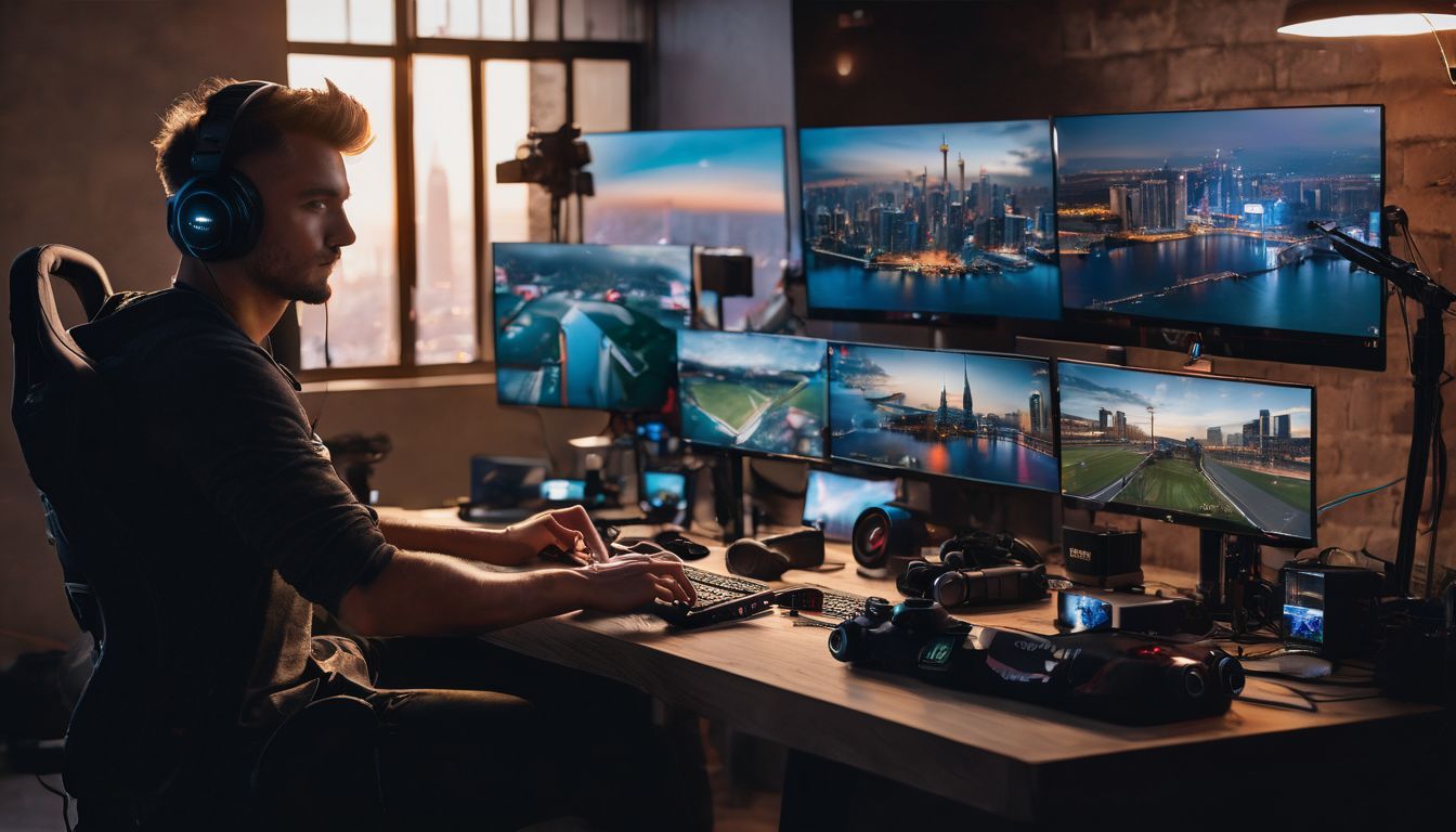 Man sitting at desk with multiple monitors in front of him.