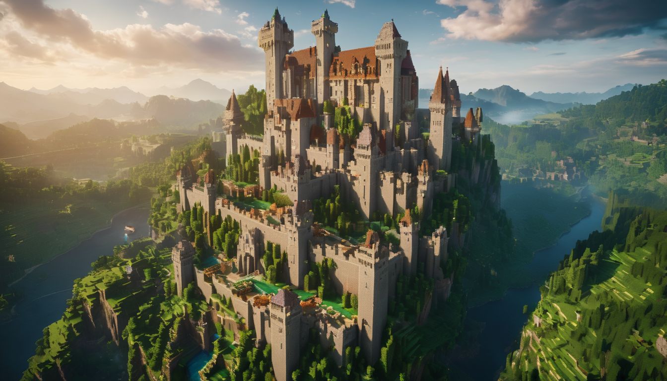 A majestic Minecraft castle stands in a vibrant, bustling landscape.