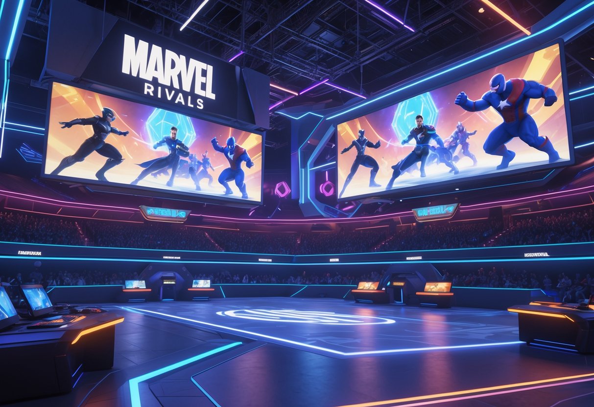 A futuristic esports arena filled with a cheering crowd and large screens showing Marvel characters battling on stage.