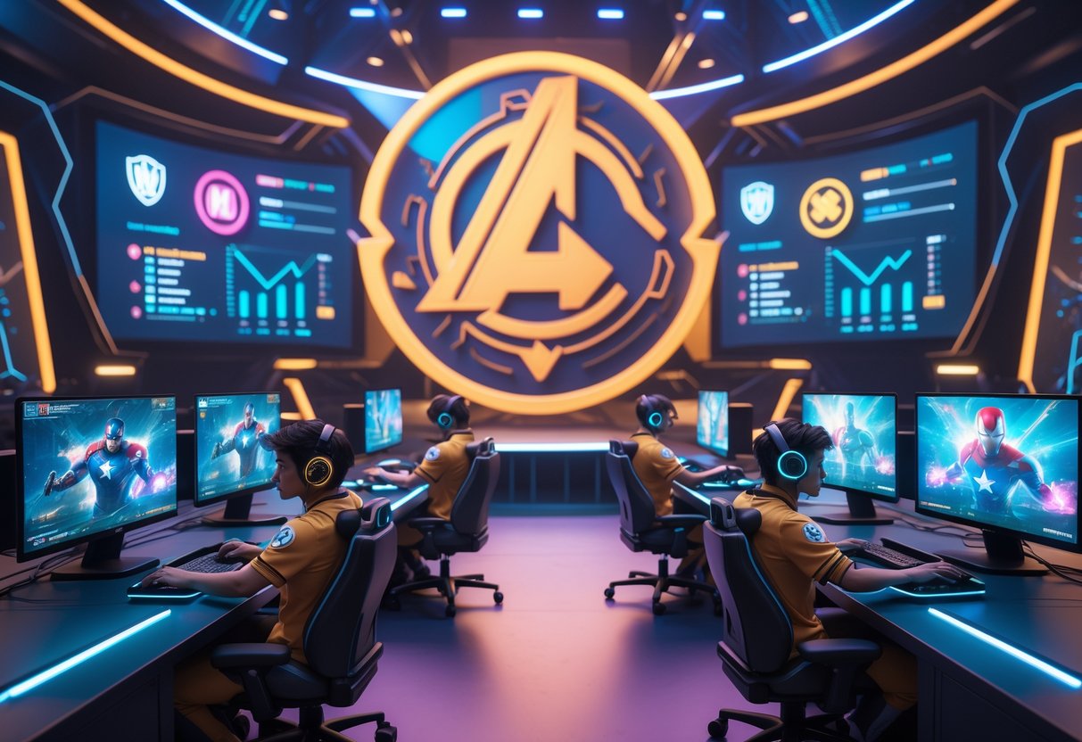 A 3D scene showing esports players competing in a futuristic arena with Marvel-themed game visuals and digital performance graphics around them.