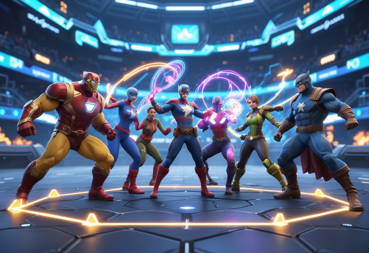 A group of Marvel heroes standing together on a futuristic battlefield, showing teamwork and coordinated powers in action.