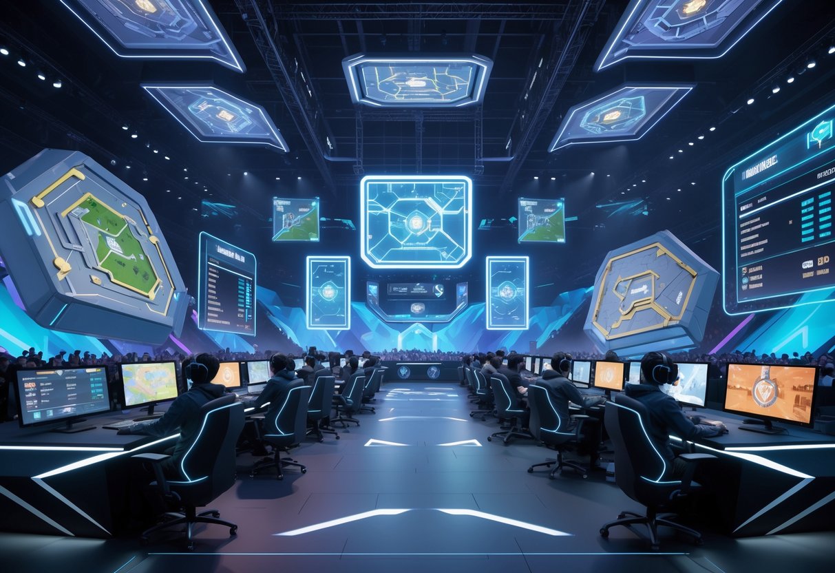 A 3D scene of a competitive gaming arena with floating holographic maps and glowing panels showing match schedules, players at gaming stations, and a crowd in the background.