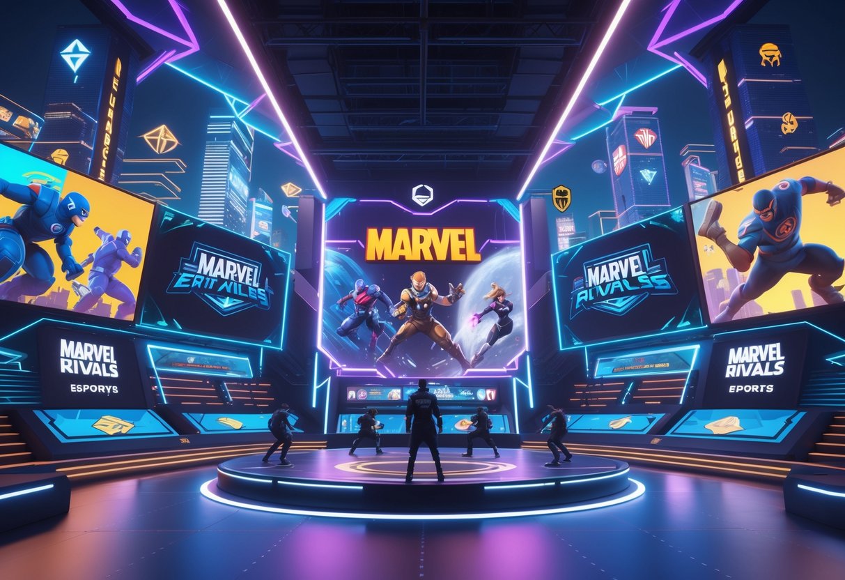 A futuristic esports arena with players competing on stage, surrounded by holograms of classic esports characters and Marvel heroes, with a digital cityscape in the background.