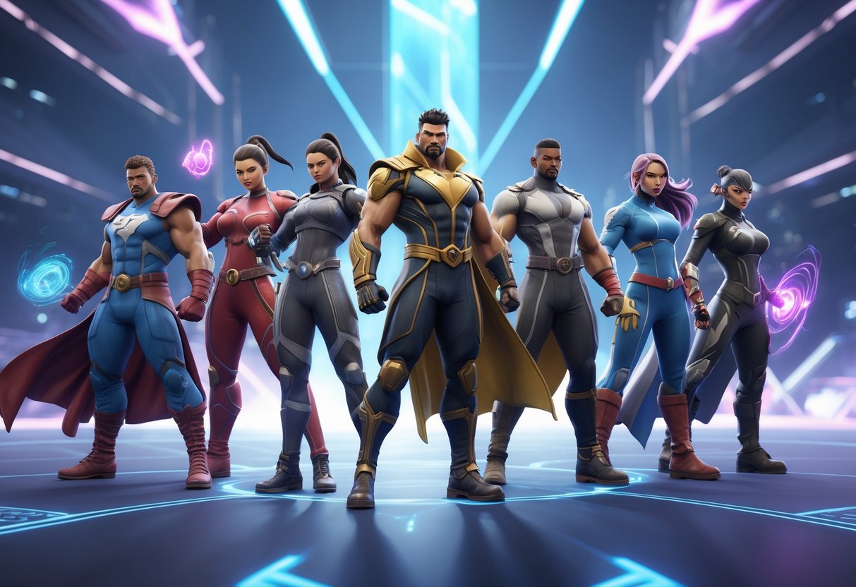 A group of powerful individual heroes posed dynamically in a glowing futuristic arena, ready for battle.