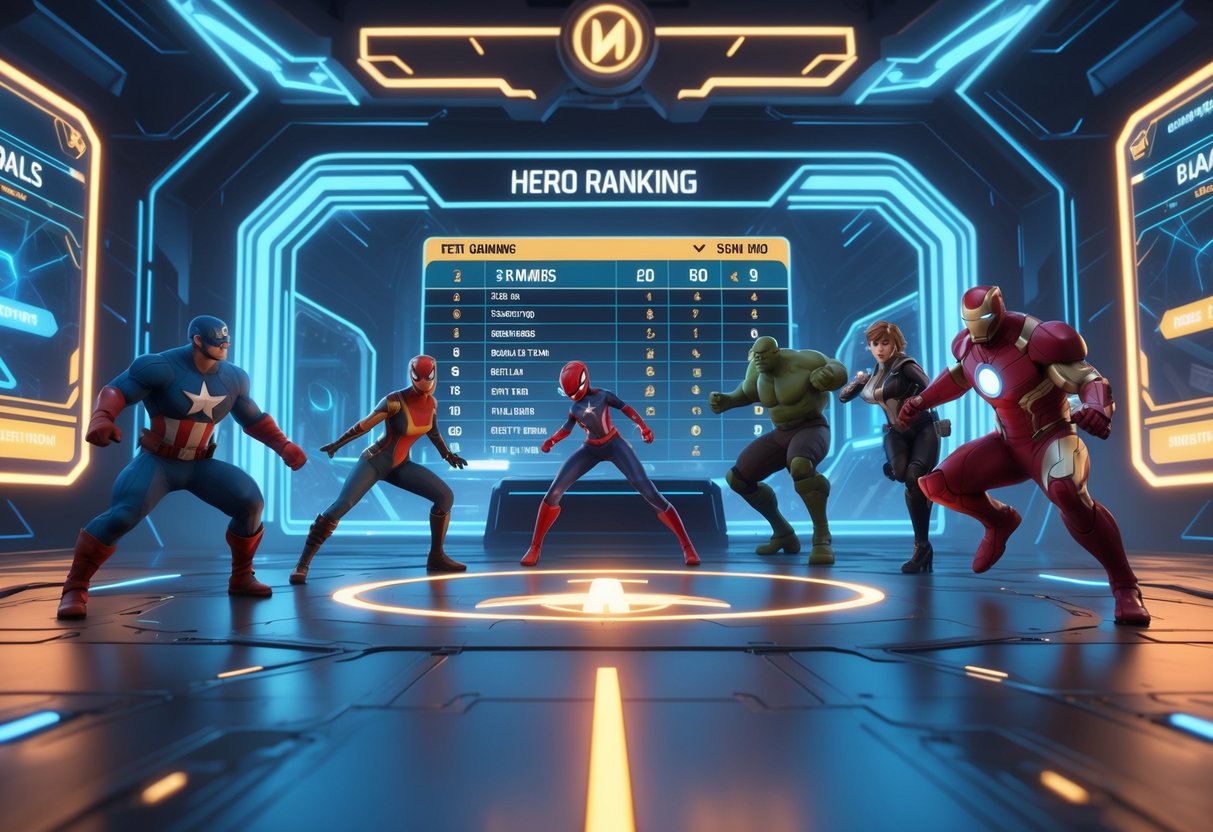 A 3D scene showing Marvel heroes in a futuristic arena with a glowing leaderboard and holographic displays representing competitive gaming and rank climbing.