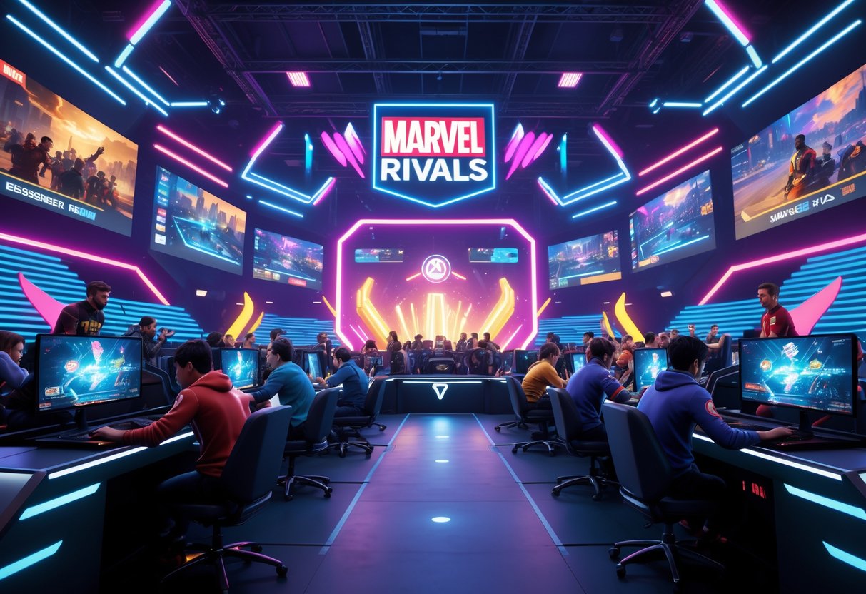 A 3D scene showing gamers competing intensely in a futuristic arena with glowing screens and holographic leaderboards, surrounded by an excited crowd.