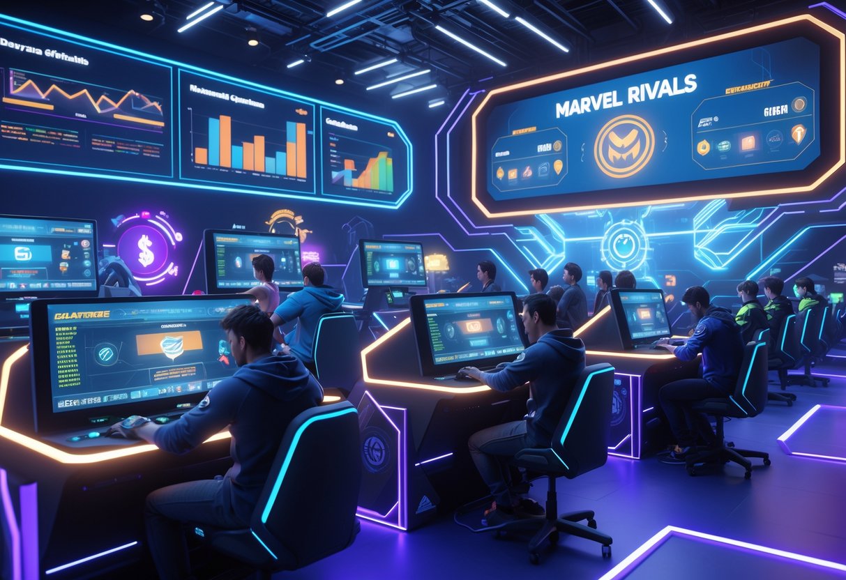 A futuristic esports arena with players competing on gaming stations surrounded by holographic displays showing game monetisation and accessibility features.