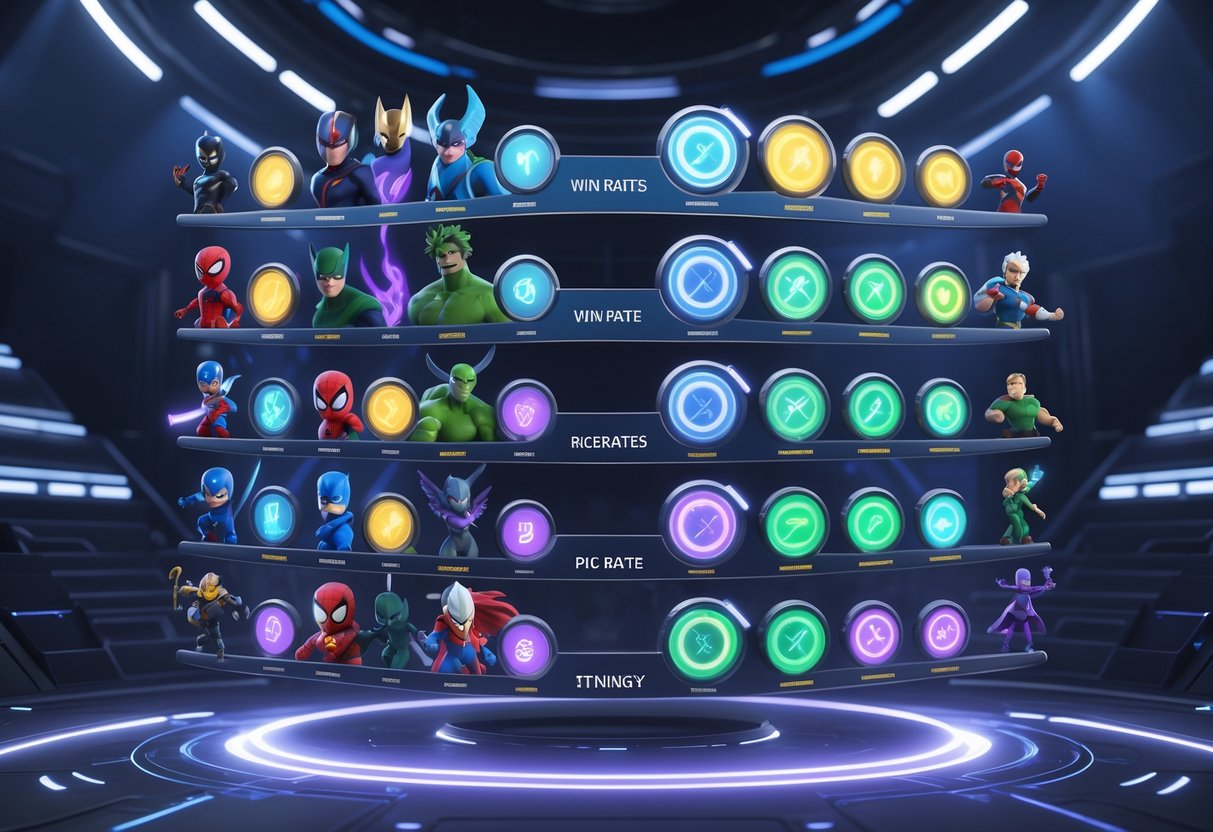 A digital leaderboard displaying Marvel heroes arranged in tiers with holographic gauges showing performance metrics.