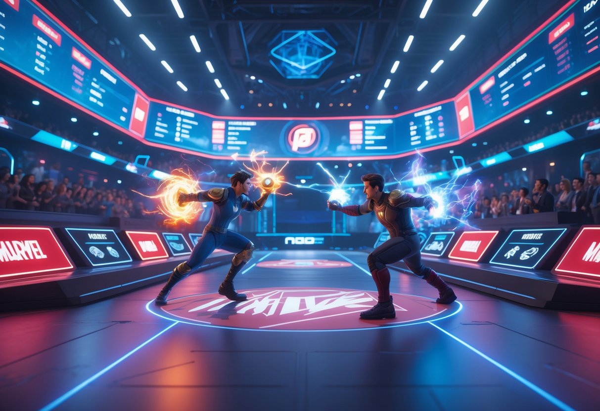 A 3D scene showing two players controlling Marvel characters in a competitive gaming arena with glowing effects and a cheering crowd.