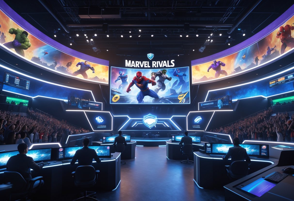 A crowded esports arena with spectators watching a Marvel Rivals tournament, large screens showing superhero battles, and broadcast equipment capturing the event.