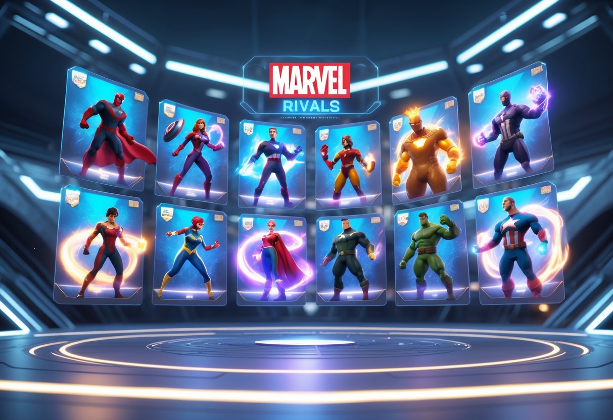 A futuristic digital display showing detailed 3D models of Marvel heroes paired in teams, arranged to suggest rankings in a competitive setting.