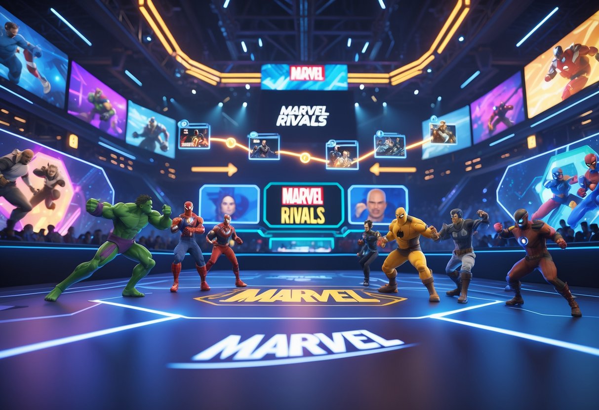 A 3D scene of a futuristic esports arena with Marvel characters in action poses and a floating timeline showing key moments in the Marvel Rivals competitive history.