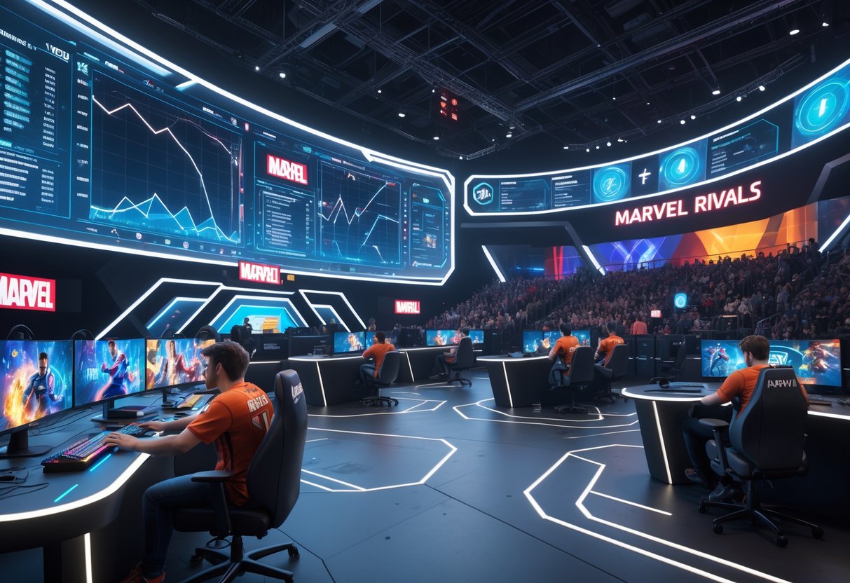 A futuristic esports arena with players competing in a Marvel-themed tournament, surrounded by holographic data displays and an engaged audience.