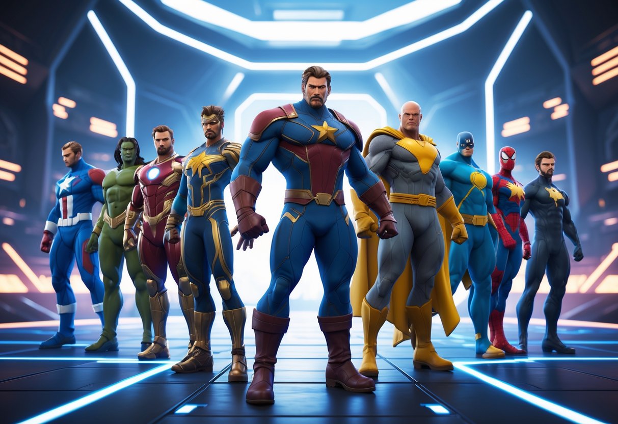A group of Marvel superheroes posed dynamically in a futuristic arena, showcasing their unique abilities in a competitive setting.