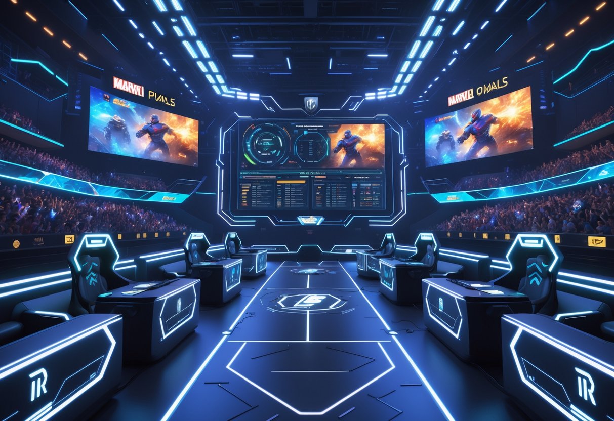 A futuristic esports arena with players competing in a Marvel-themed game, surrounded by holographic displays and a cheering crowd.