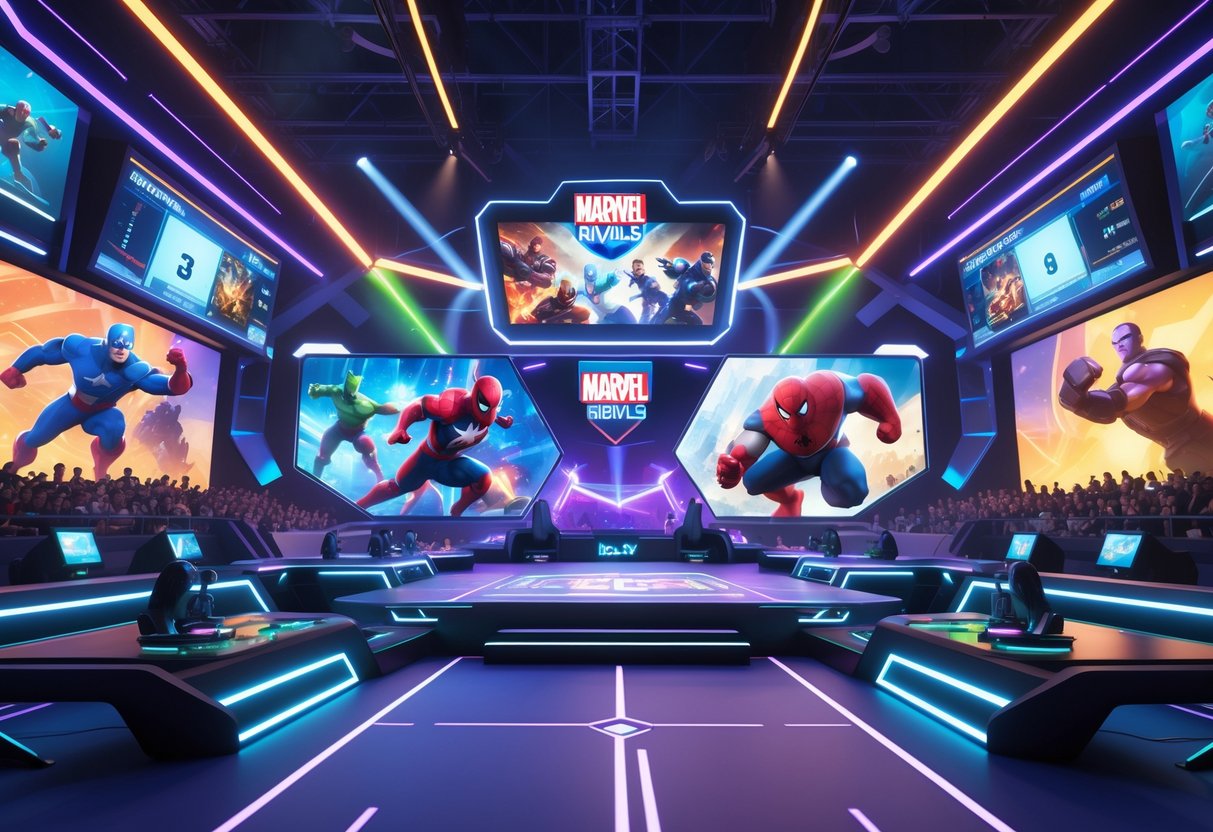 A 3D scene of a busy esports arena with players competing on stage using Marvel characters, surrounded by a cheering crowd and colourful lights.