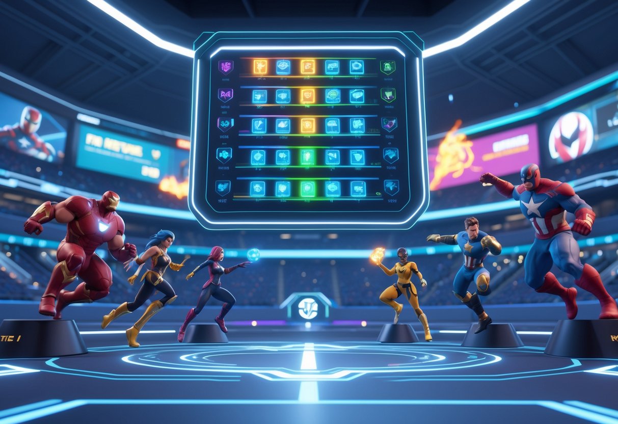 A futuristic gaming arena with holographic hero icons arranged in tiers and Marvel heroes in action poses, surrounded by a high-tech stadium filled with cheering digital spectators.