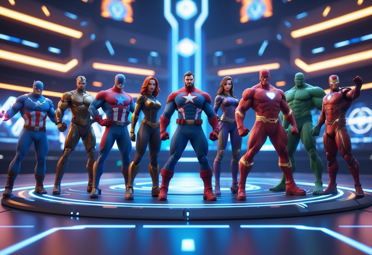 A group of Marvel superheroes posed in a competitive formation on a futuristic digital leaderboard in a high-tech arena.