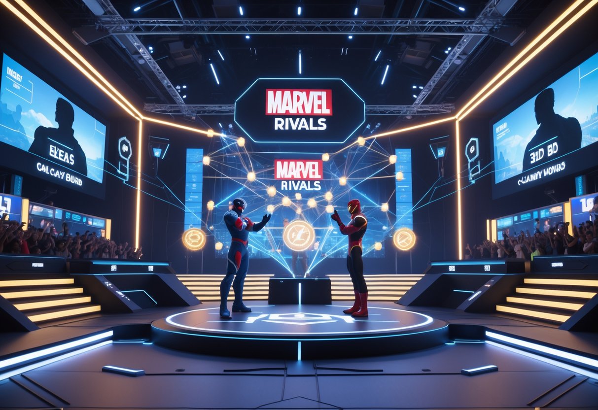 A 3D scene showing two Marvel hero avatars facing each other on a futuristic tournament stage with glowing effects and a cheering crowd in the background.