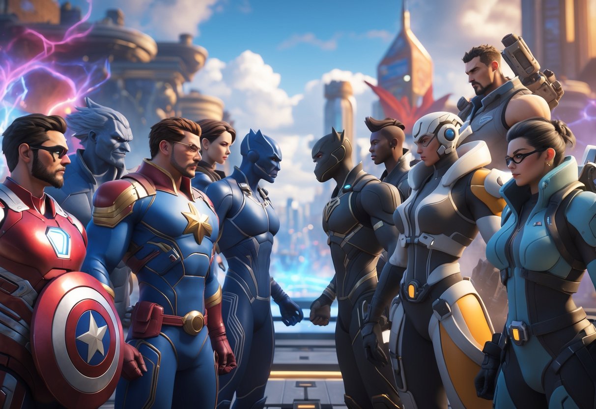 A group of Marvel heroes and villains facing off against Overwatch 2 heroes on a dramatic battlefield, poised for battle.