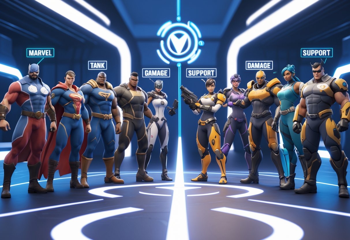 Two groups of video game characters face each other in a futuristic arena, each group representing different team roles like tank, damage, and support.