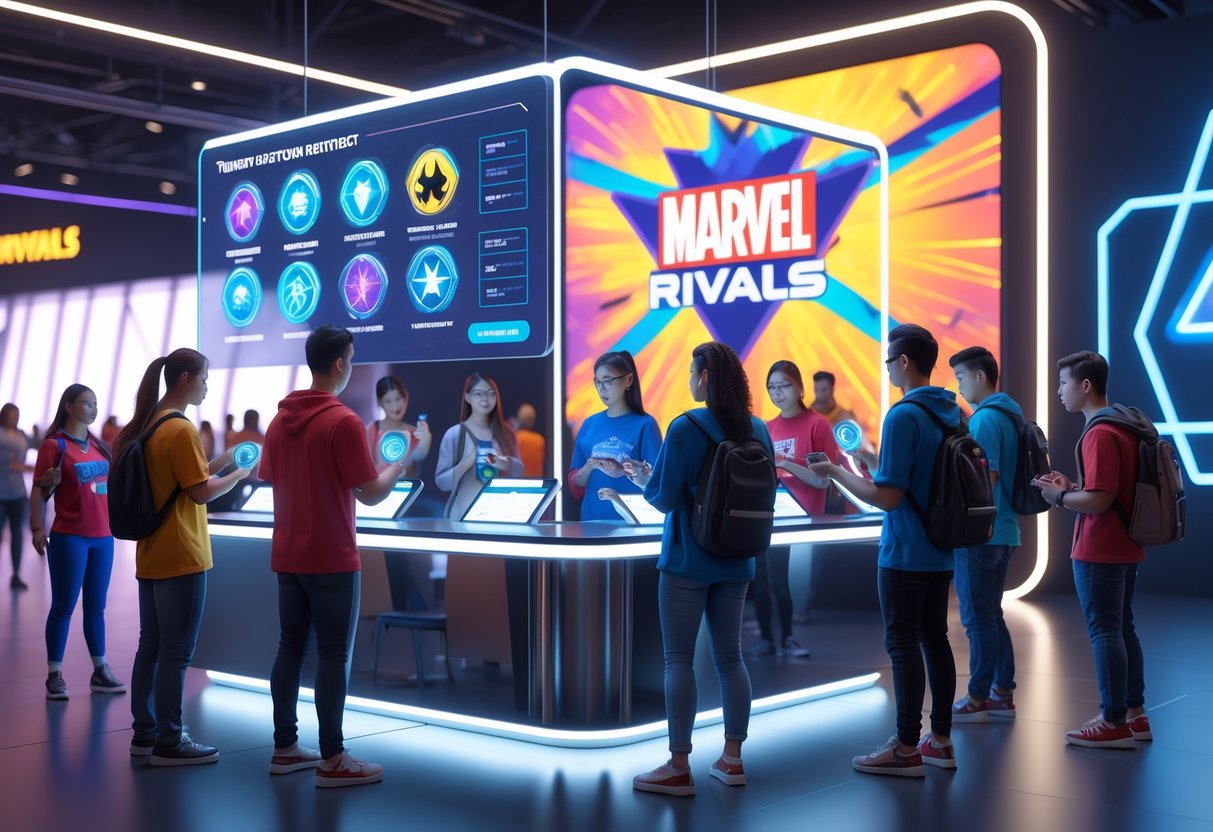 A futuristic registration booth with holographic displays and people interacting with digital forms and wristbands at a Marvel-themed tournament.