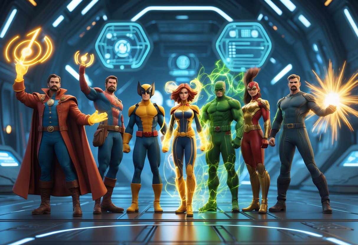 A group of Marvel superheroes using healing and energy powers together on a futuristic battlefield.