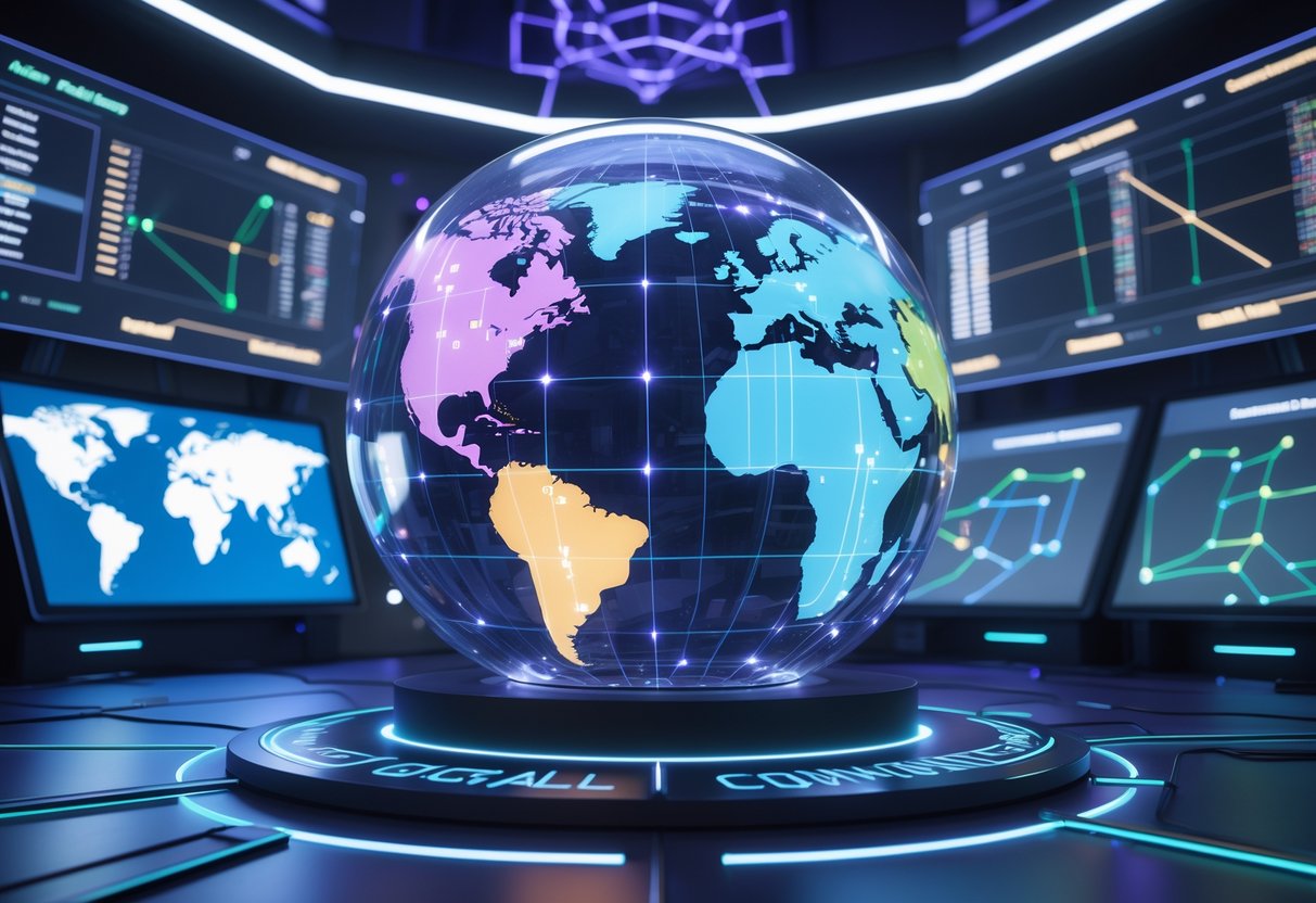 A 3D scene of a high-tech room with a glowing globe divided into coloured regions, surrounded by digital panels showing network connections and tournament data.