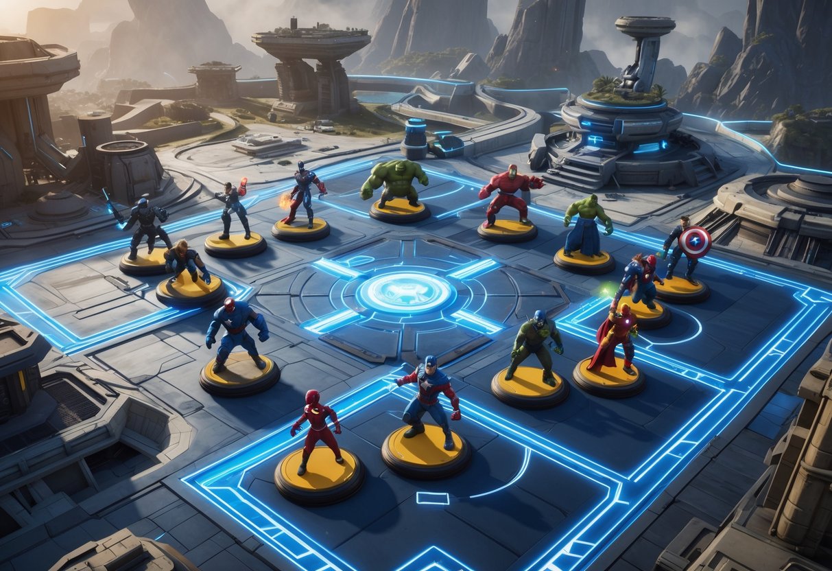 A 3D scene showing Marvel characters grouped in teams on a detailed battlefield map with different zones representing various game modes.