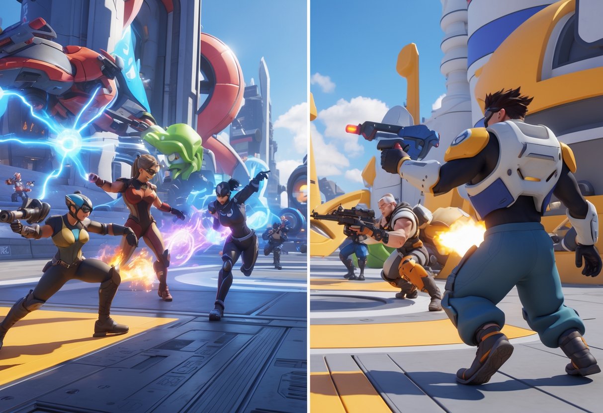 Split-screen scene showing characters from Marvel Rivals on one side and Overwatch 2 on the other, each engaged in team-based objectives in their respective game environments.