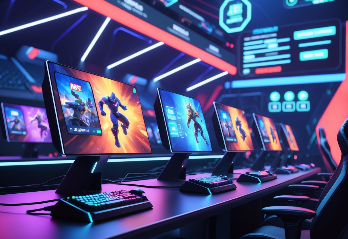 A 3D scene showing a futuristic esports arena with gaming stations, monitors displaying Marvel characters, gaming equipment, and a digital scoreboard, capturing the atmosphere of a competitive tournament.