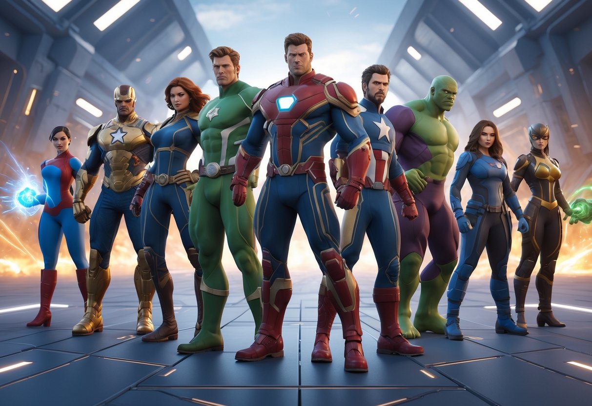 A group of Marvel heroes posed together on a futuristic battleground, ready for battle.