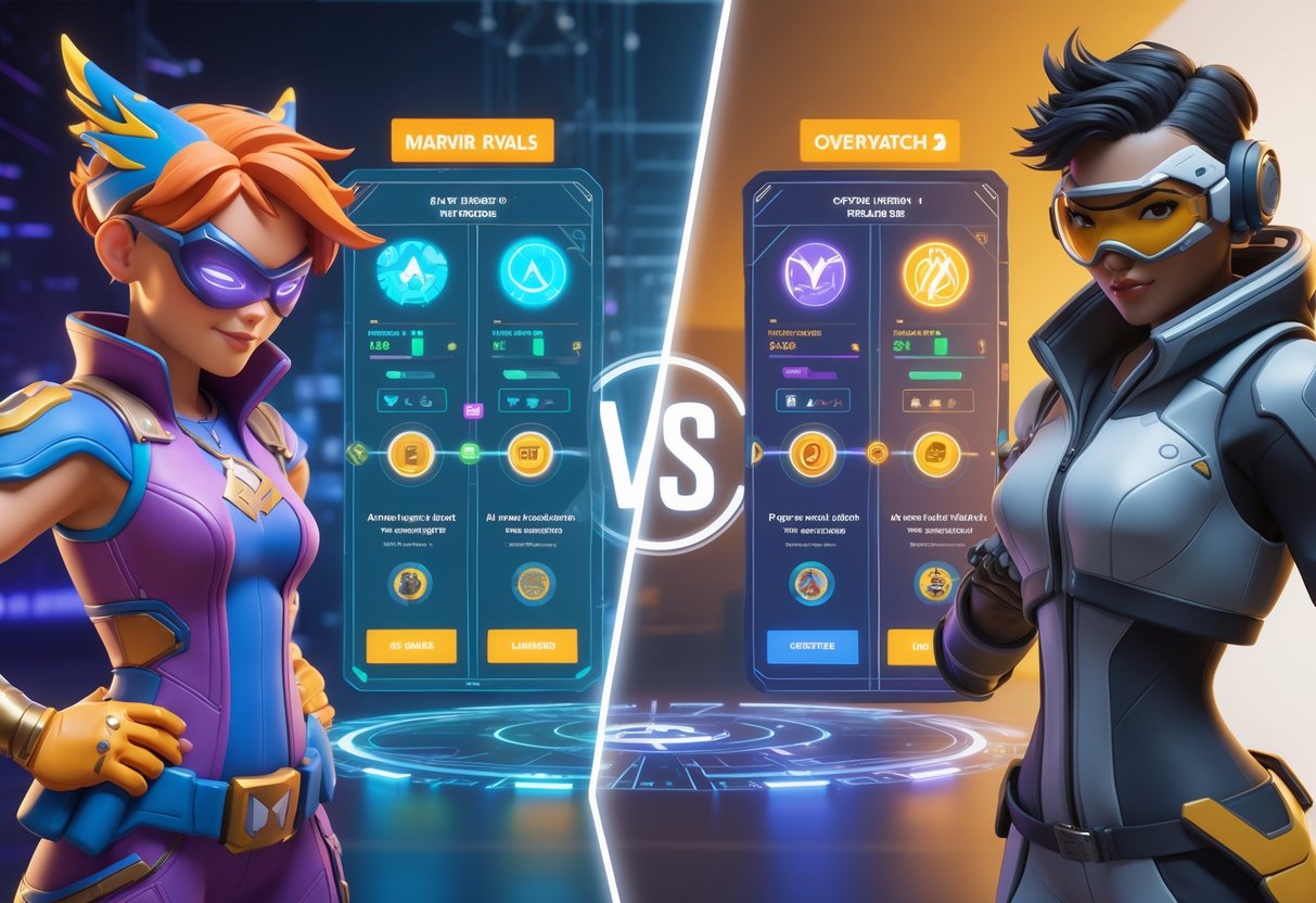 Split-screen image showing characters from Marvel Rivals on one side and Overwatch 2 on the other, each with visual elements representing their progression systems and player rewards.