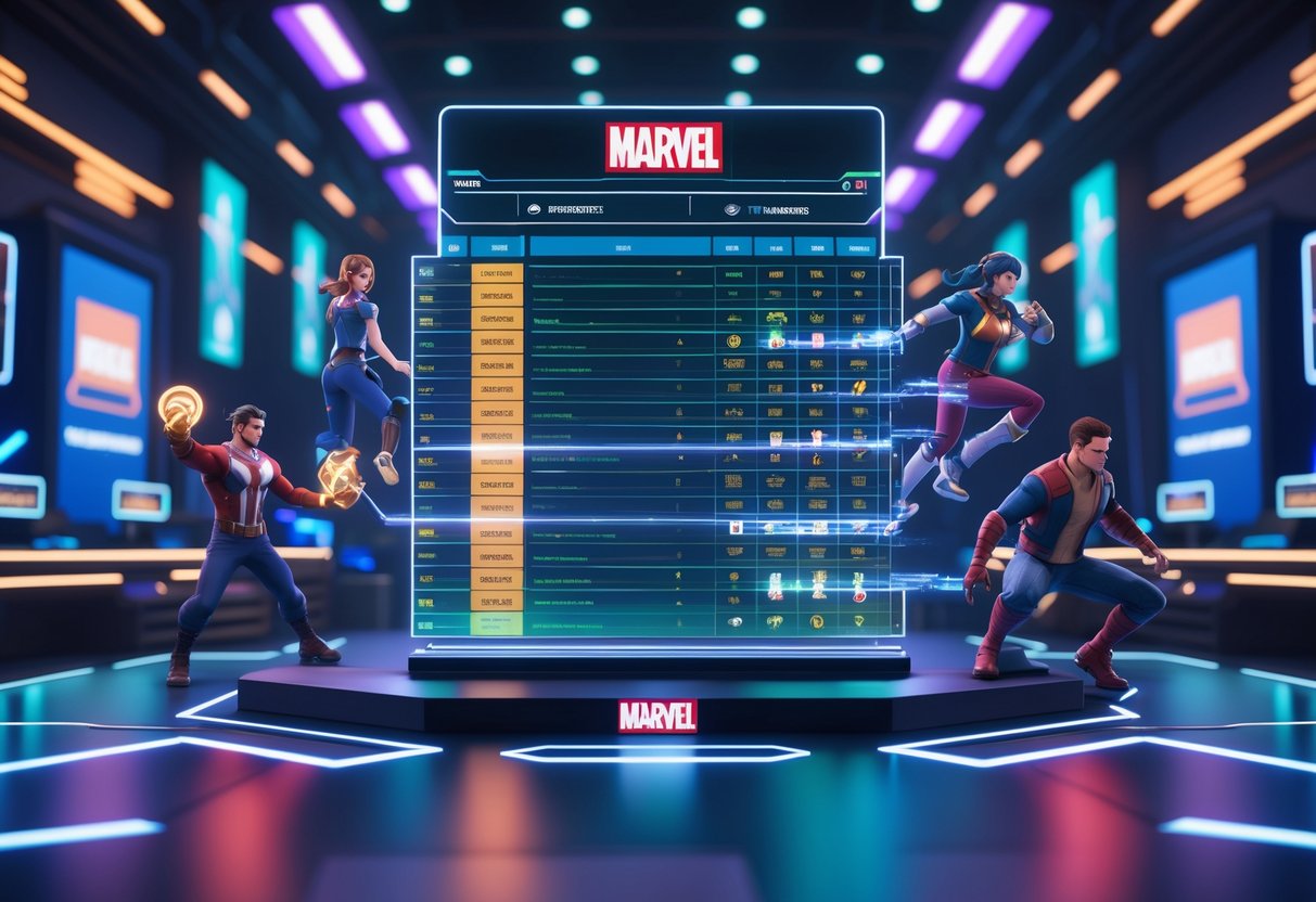 A 3D scene showing a futuristic esports arena with a holographic leaderboard and Marvel-style character avatars around it.