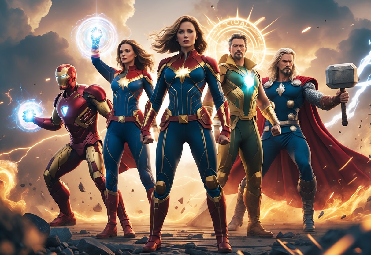 A group of Marvel superheroes using their ultimate powers together on a chaotic battlefield.