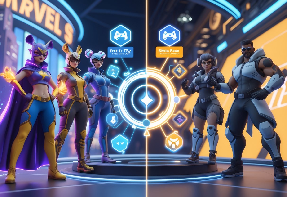 A split-screen scene showing Marvel Rivals characters with colourful costumes on one side and Overwatch 2 heroes with battle pass icons on the other, set against contrasting city and futuristic backgrounds.