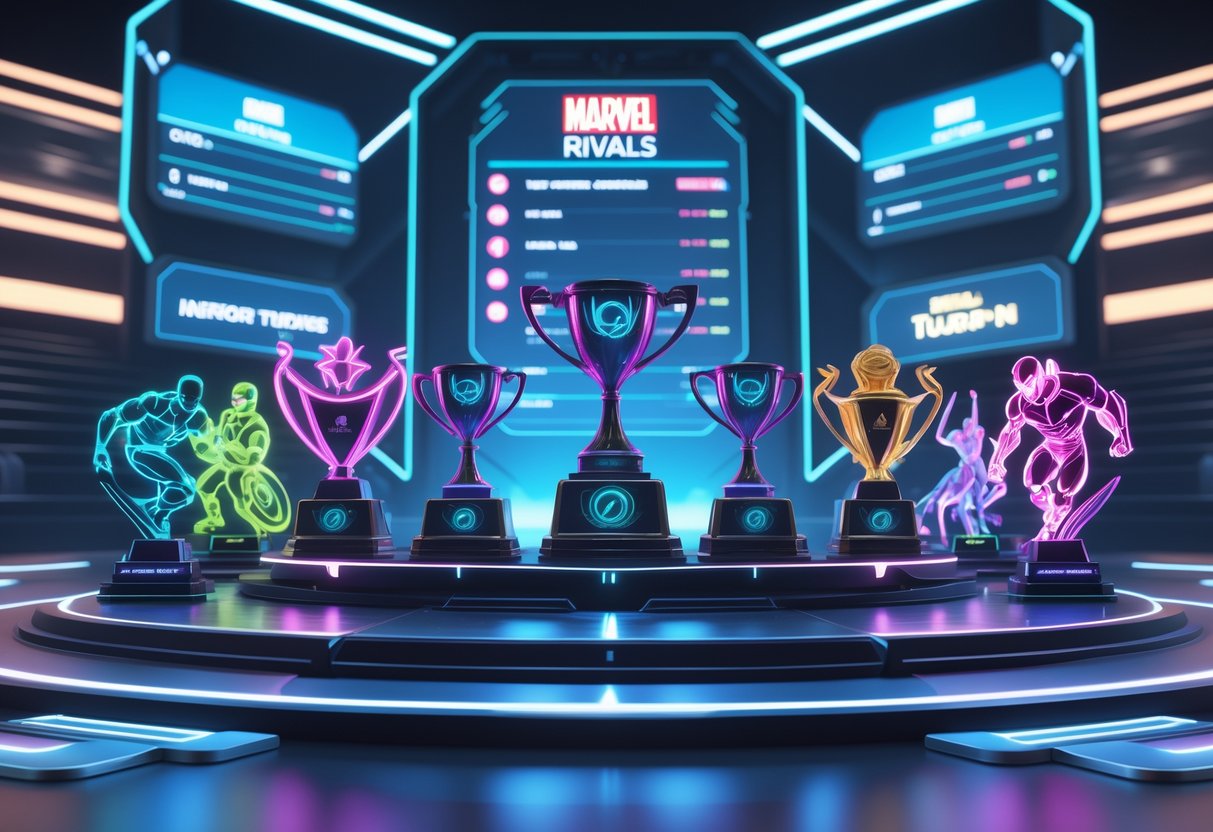 A futuristic tournament stage with glowing trophies and holographic displays, surrounded by abstract Marvel character figures in action poses.