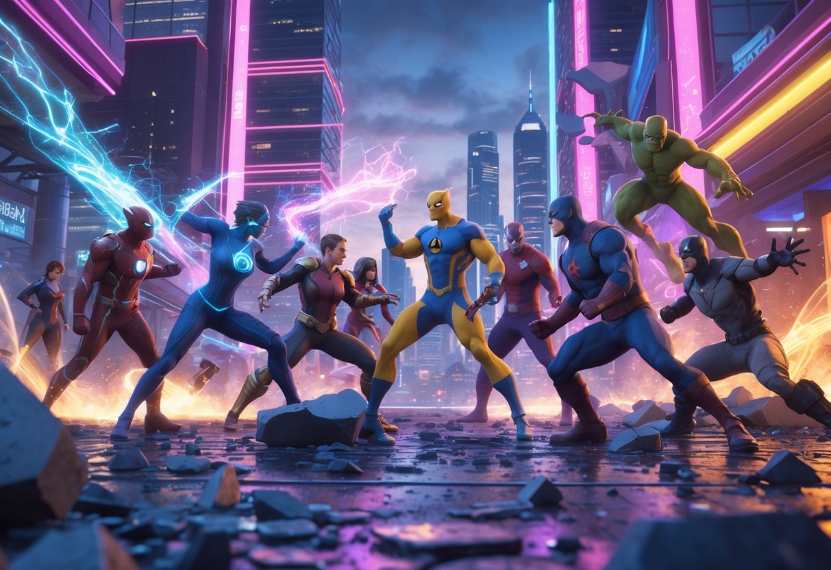 A group of Marvel heroes and villains in action poses fighting together in a city at dusk with glowing lights and tall buildings.