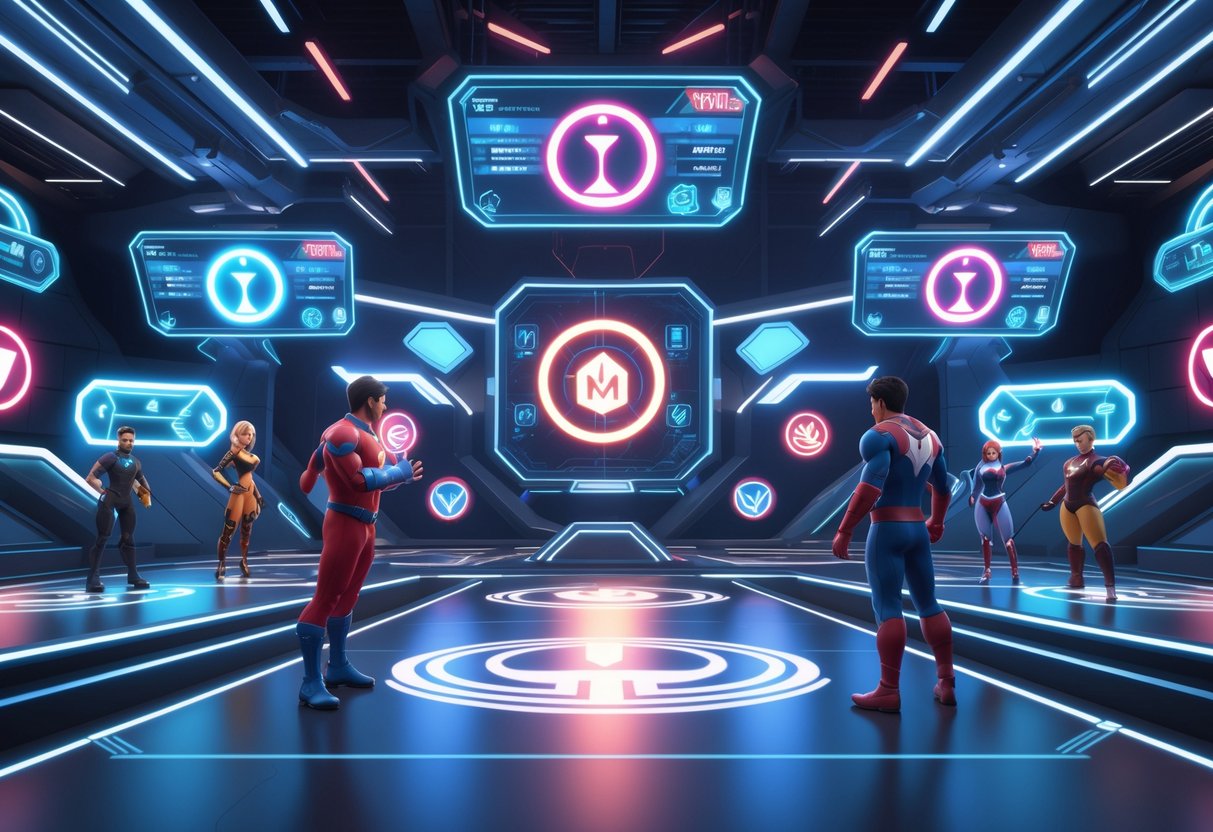 A 3D scene of a futuristic tournament arena with glowing symbols of fairness and players in heroic costumes competing under bright lights.
