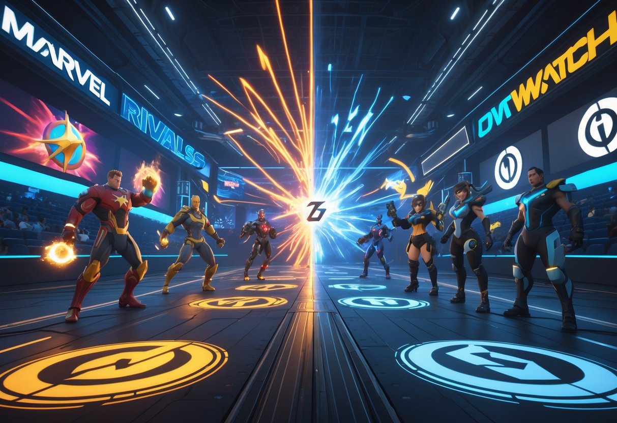 A 3D scene showing two teams of heroes from Marvel Rivals and Overwatch 2 facing off in a futuristic esports arena with bright lights and energy effects.