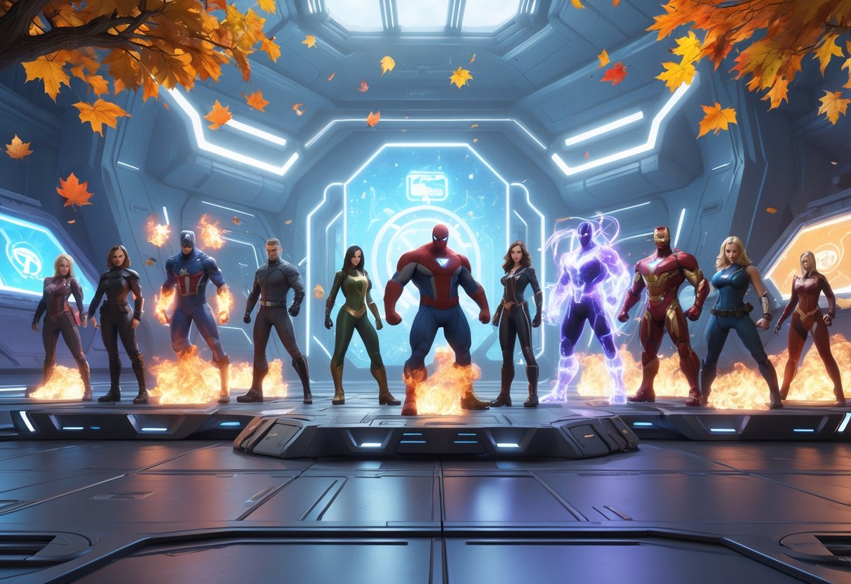 A group of Marvel characters in action poses on a futuristic battlefield surrounded by autumn leaves and snowflakes, highlighting new arrivals and team formations.