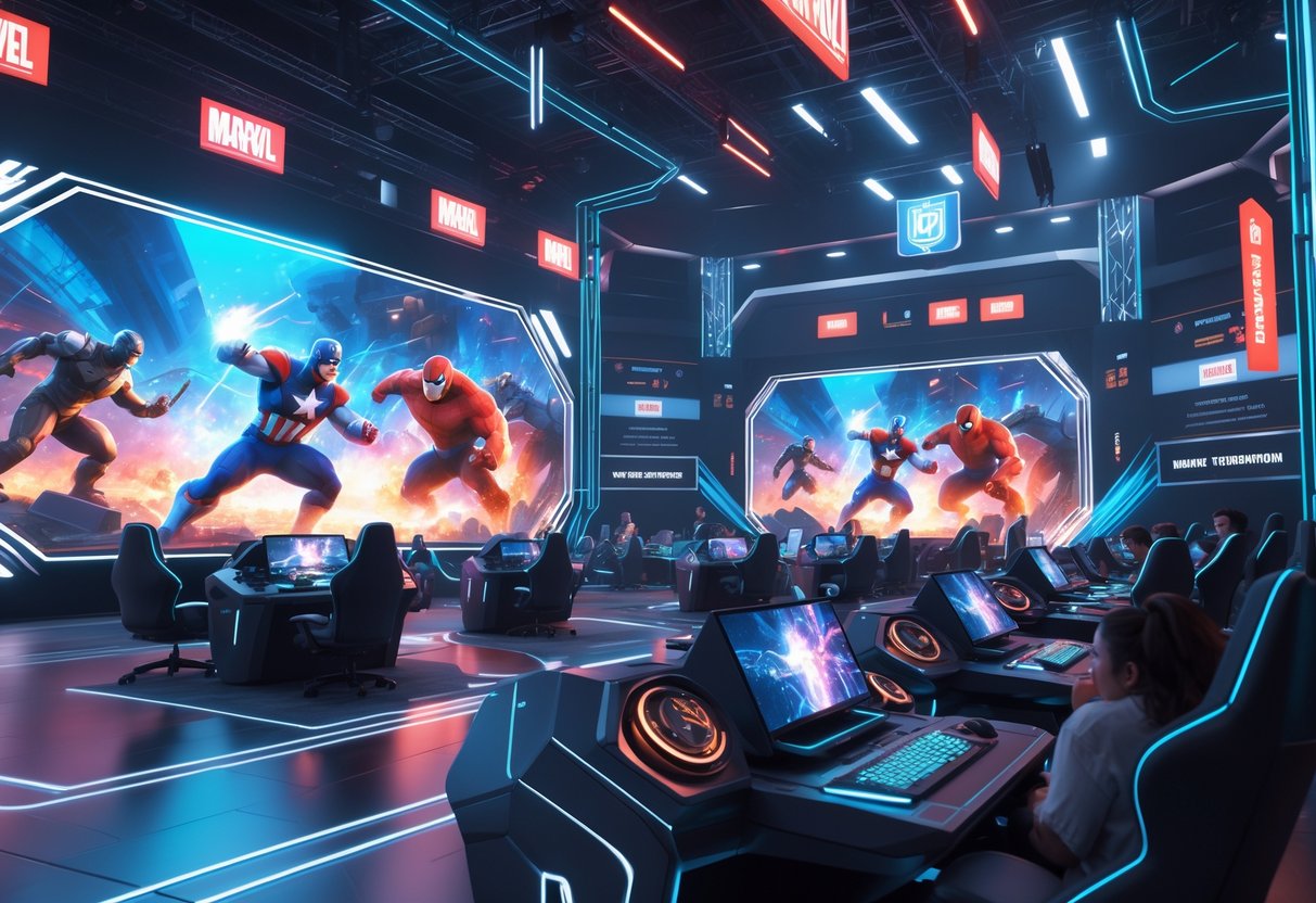 A futuristic esports arena filled with excited spectators and glowing gaming stations, showing Marvel characters battling on large holographic screens.