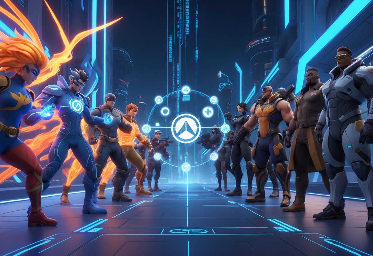 A 3D scene showing Marvel superheroes facing Overwatch 2 heroes with futuristic cityscape and digital elements symbolising ongoing updates and support.