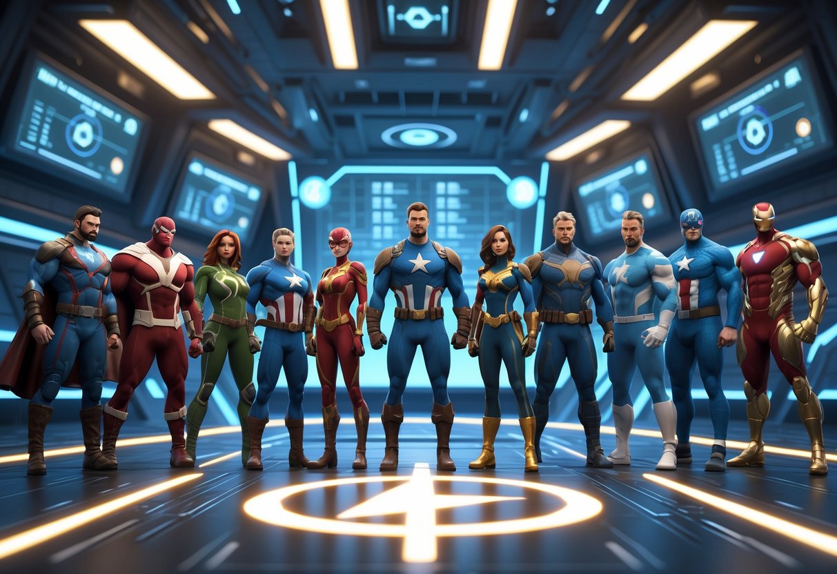 A group of superheroes standing together on a futuristic battlefield with a high-tech command centre in the background.