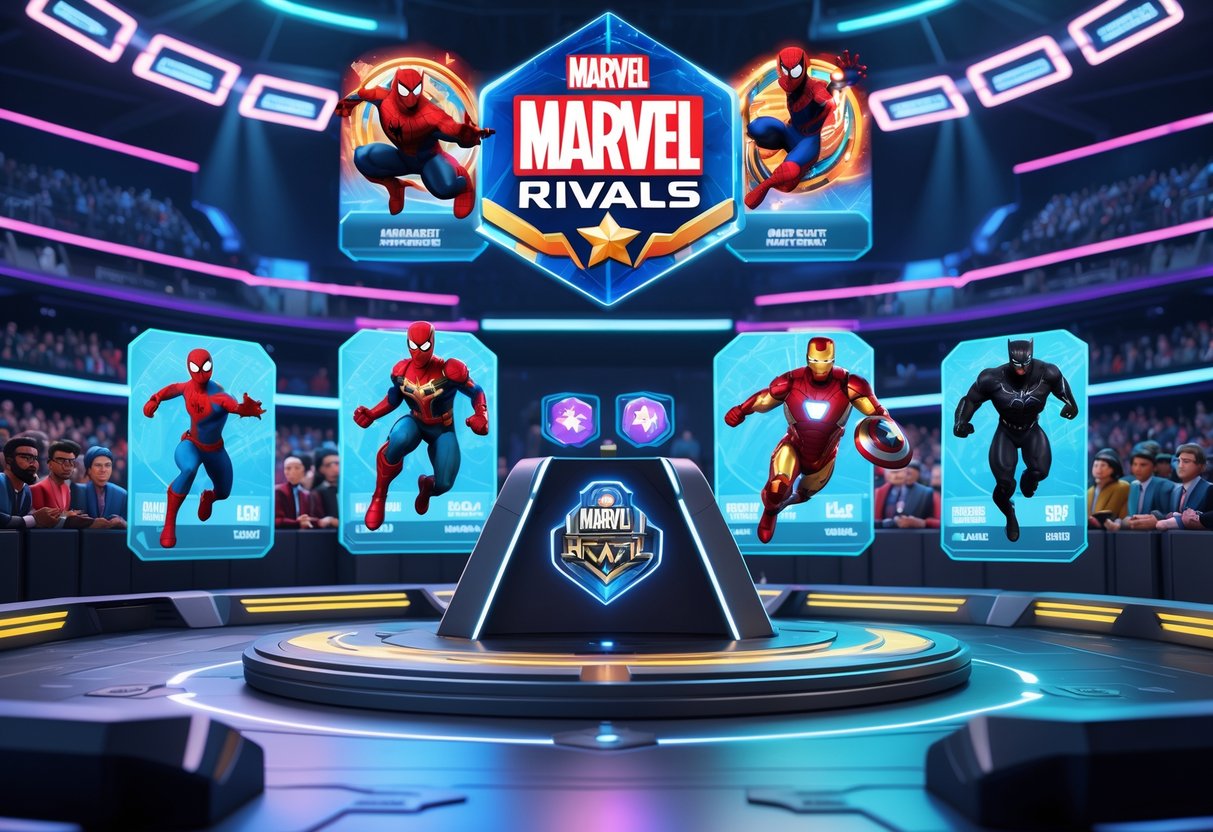 A 3D scene of a Marvel Rivals tournament arena with holograms of Marvel characters and a digital podium surrounded by spectators.