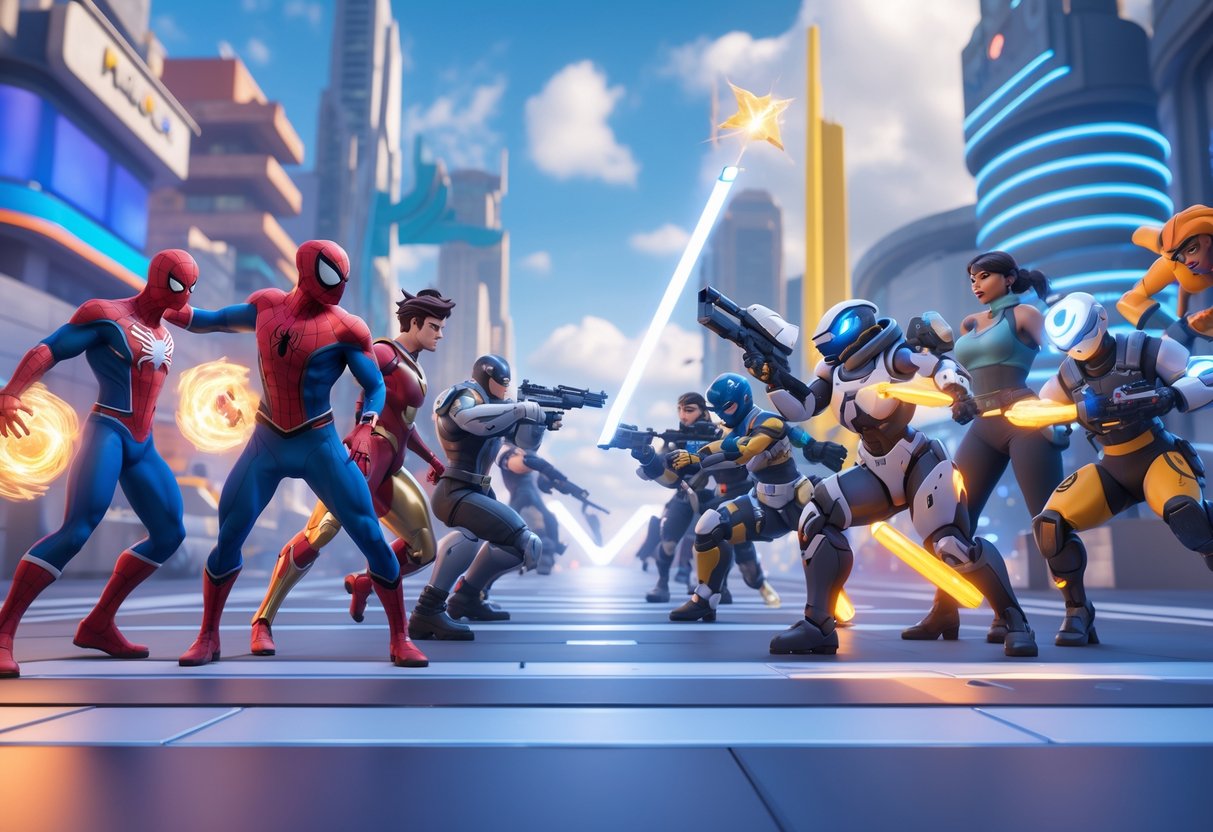 A 3D scene showing Marvel heroes and Overwatch 2 characters facing each other in a futuristic city environment, ready for battle.