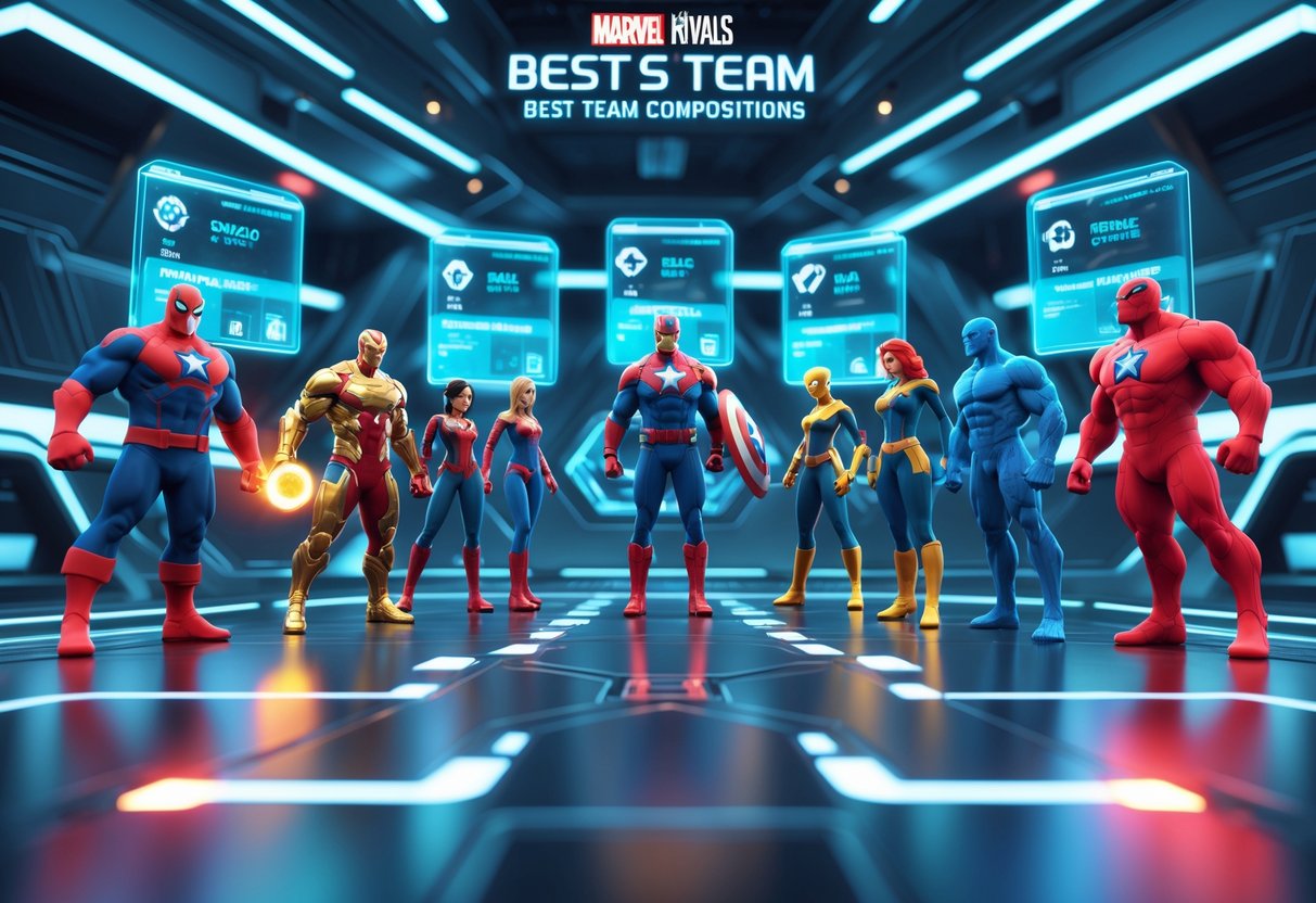 A futuristic digital interface showing holographic Marvel heroes arranged in team formations inside a high-tech command centre.