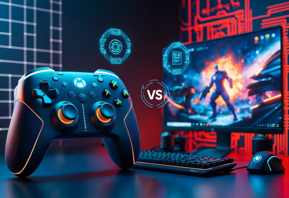 A 3D scene showing a Marvel Rivals game controller on one side and a PC gaming setup with keyboard, mouse, and monitor on the other, with a split background and holographic icons between them.