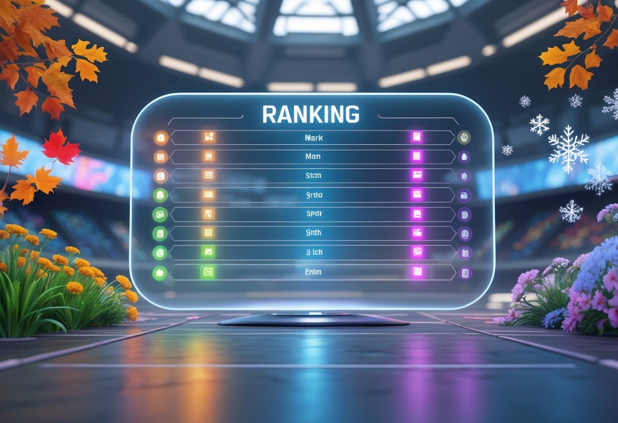 A futuristic holographic leaderboard showing ranks with glowing icons that fade over time, surrounded by symbols of the four seasons including falling leaves, snowflakes, flowers, and sunlight, set in a high-tech arena with Marvel-themed silhouettes in the background.