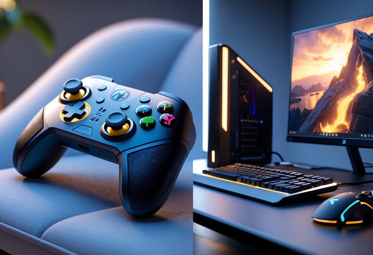 A side-by-side view of a Marvel Rivals gaming controller and a PC gaming setup, showing ergonomic design features and comfortable gaming accessories.